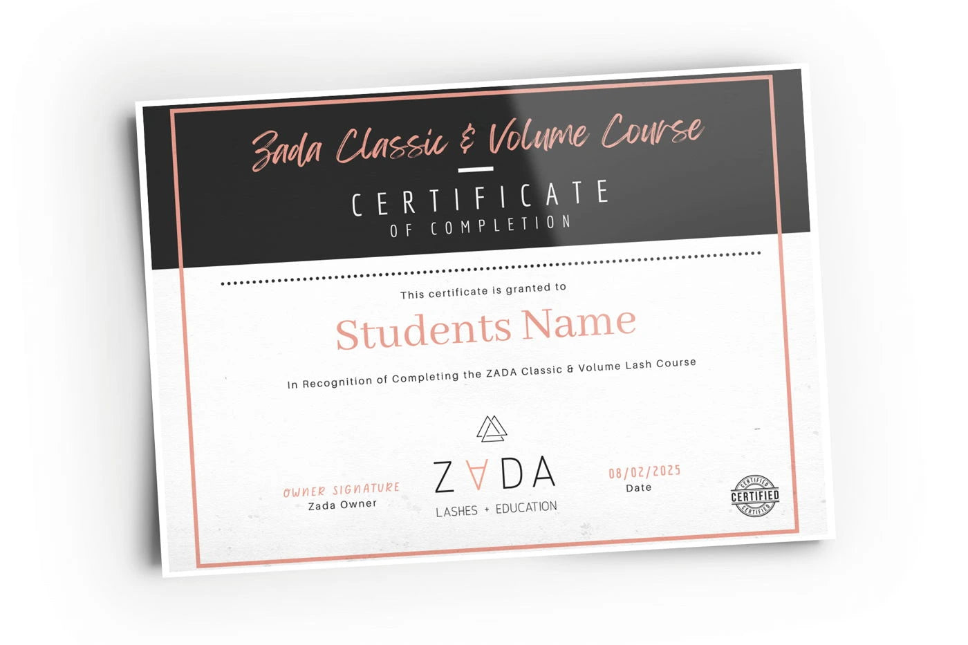 Sample Zada Classic and Volume course certificate